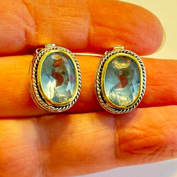 Clip on earrings silvertone rope texture & blue faceted stone ovals classic look - Picture 3 of 6